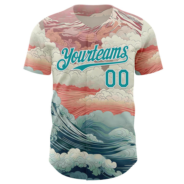 Custom Pink Teal-White Japanese Pastel Wave Authentic Baseball Jersey