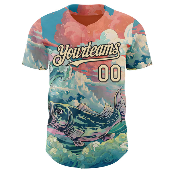 Custom Pink Cream-Black Japanese Wave Fish Authentic Baseball Jersey