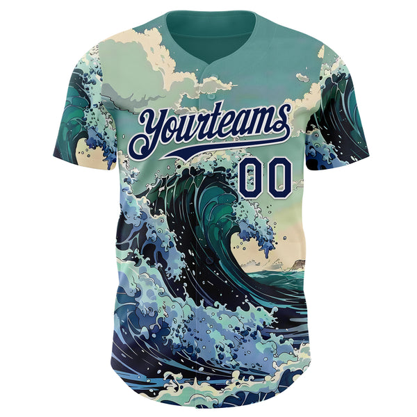 Custom Green Navy-White Japanese Wave Authentic Baseball Jersey