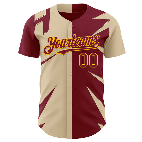 Custom City Cream Crimson-Gold Geometric Patchwork Asymmetry Split Authentic Baseball Jersey