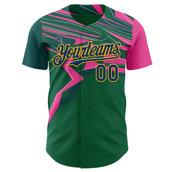 Custom Green US Navy Blue Hot Pink-Gold Geometric Patchwork Asymmetry Authentic Baseball Jersey