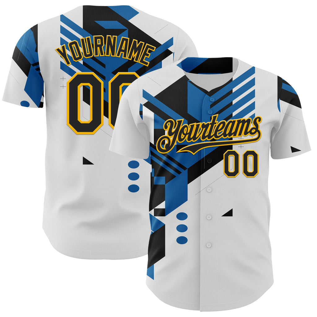 Custom White Black Blue-Gold Geometric Patchwork Asymmetry Authentic Baseball Jersey