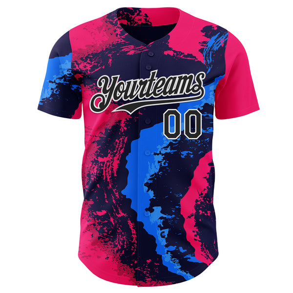 Custom Pink Black Blue-White Geometric Patchwork Asymmetry Fluid Swirl Splatter Authentic Baseball Jersey