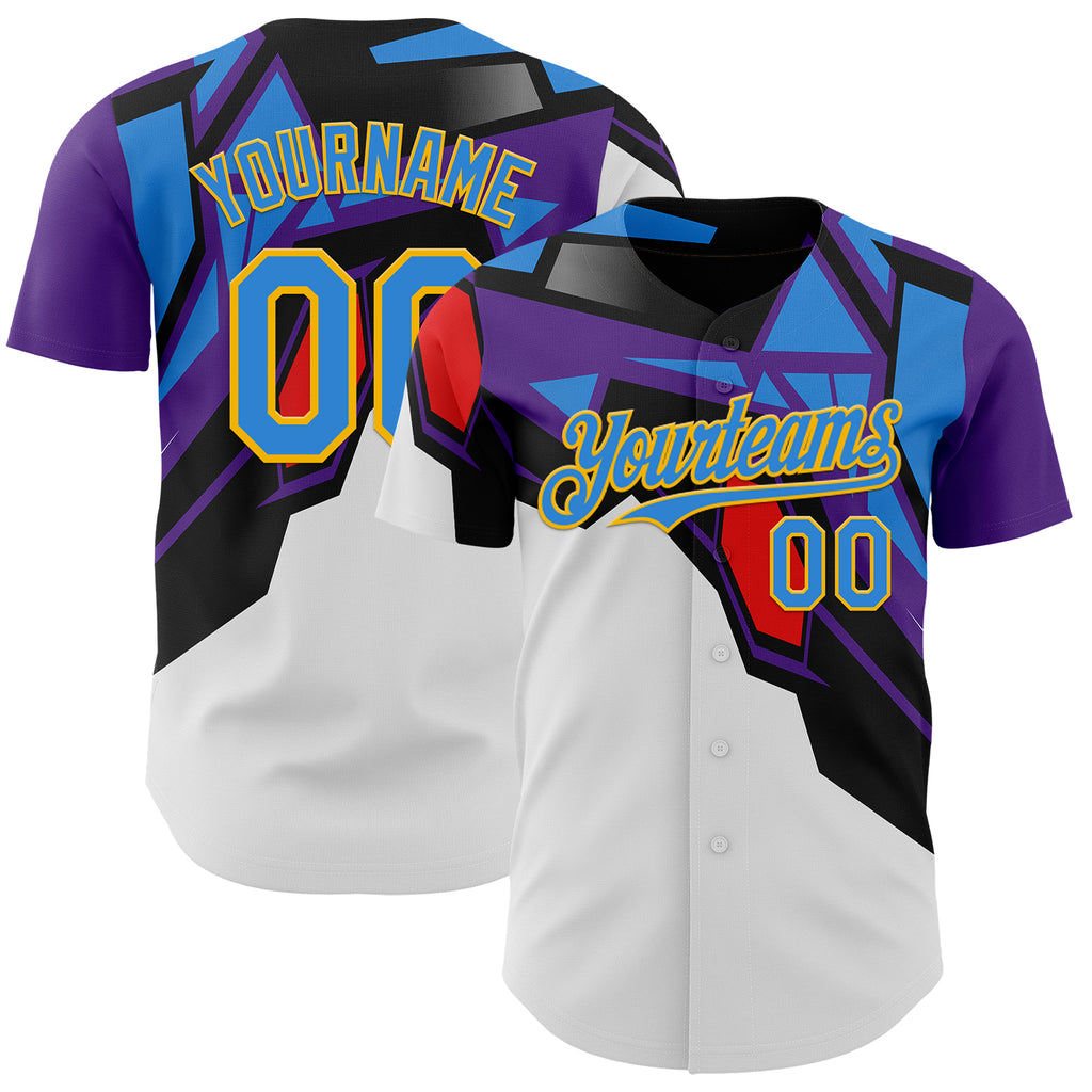 Custom Black Electric Blue Purple Red-Gold Geometric Patchwork Asymmetry Authentic Baseball Jersey