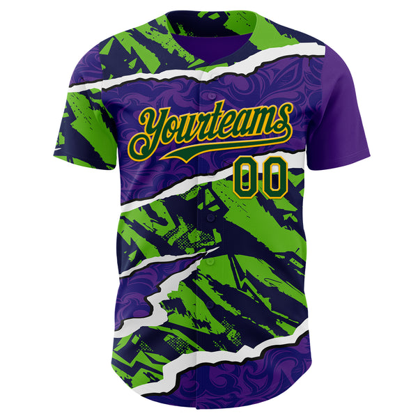 Custom Purple Green-Gold Geometric Patchwork Asymmetry Torn Authentic Baseball Jersey