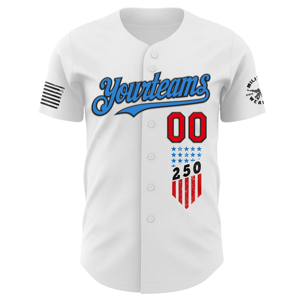 Custom White Fire Red Black-Electric Blue USA 250 Flag Patriotic Authentic Baseball Jersey