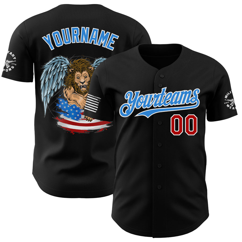 Custom Black Red White-Electric Blue USA 250 American Flag Winged Lion Authentic Baseball Jersey