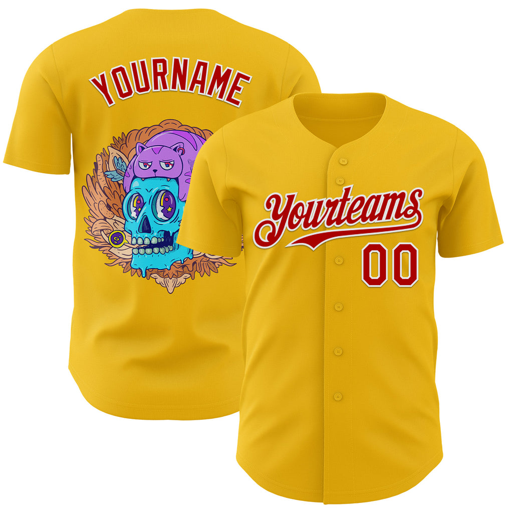 Custom Yellow Red-White Funky Cartoon Skull Cat Authentic Baseball Jersey