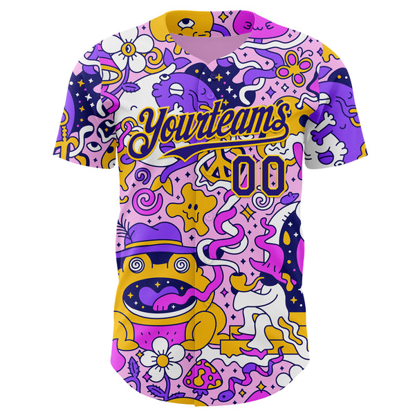 Custom Purple Dark Purple-Yellow Psychedelic Trippy Mushroom Doodle Frog & Ghost Authentic Baseball Jersey