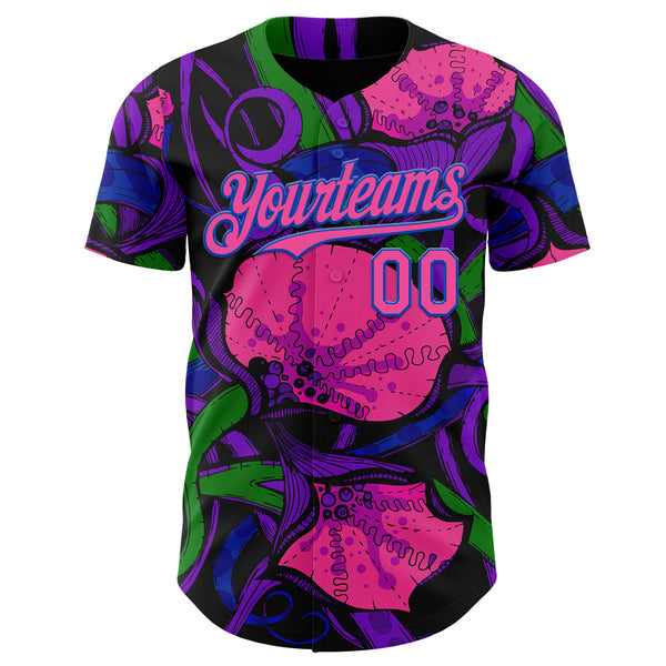 Custom Black Pink-Thunder Blue Psychedelic Trippy Exotic Floral Authentic Baseball Jersey