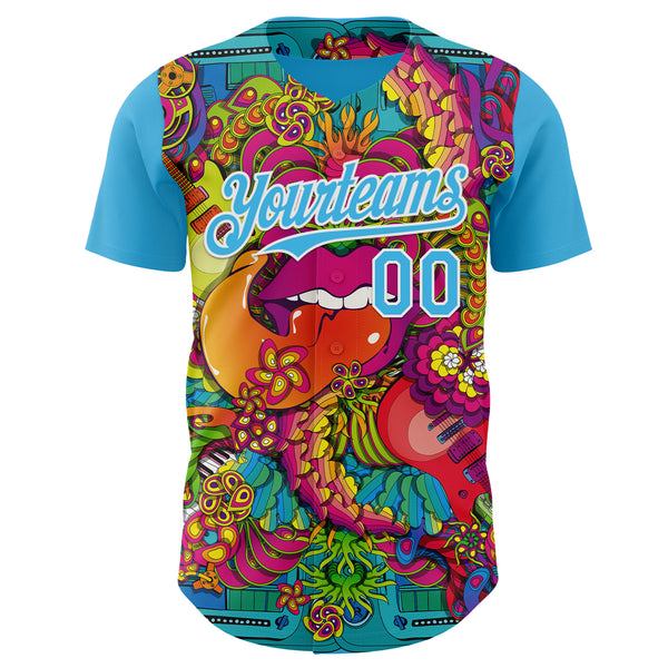 Custom Sky Blue-White Psychedelic Trippy Exotic Floral Authentic Baseball Jersey