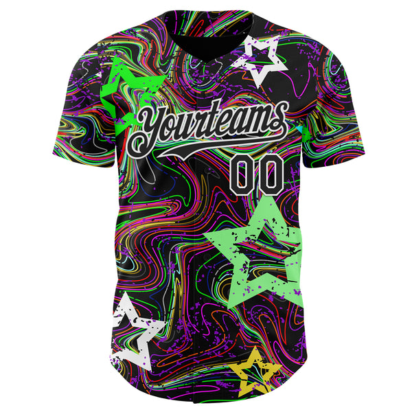 Custom Black-White Psychedelic Trippy Swirl Neon Star Authentic Baseball Jersey