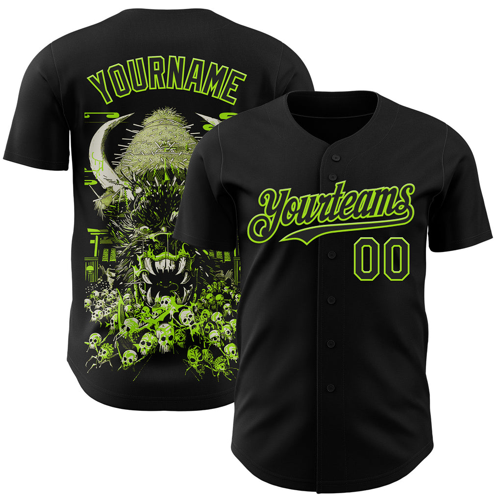 Custom Black-Neon Green Trippy Neon Monster Skull Authentic Baseball Jersey