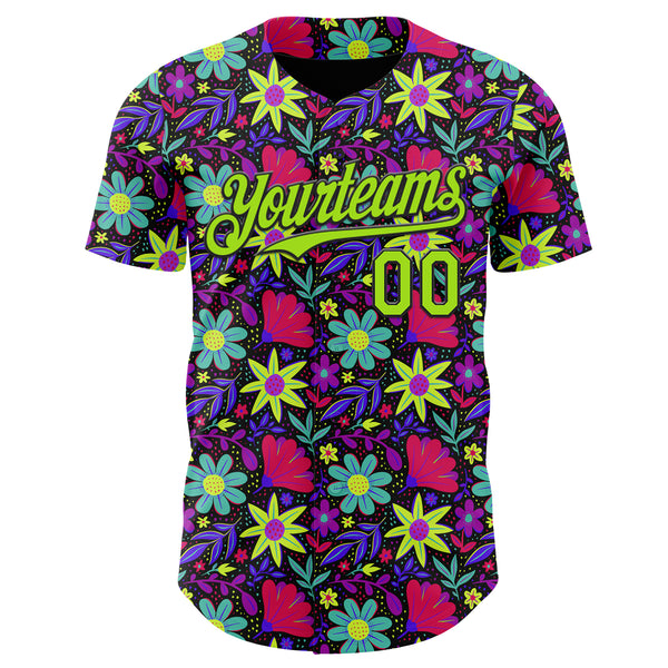 Custom Black-Neon Green Psychedelic Trippy Flower Authentic Baseball Jersey