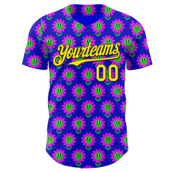 Custom Blue Light Yellow-Black Psychedelic Trippy Flower Authentic Baseball Jersey