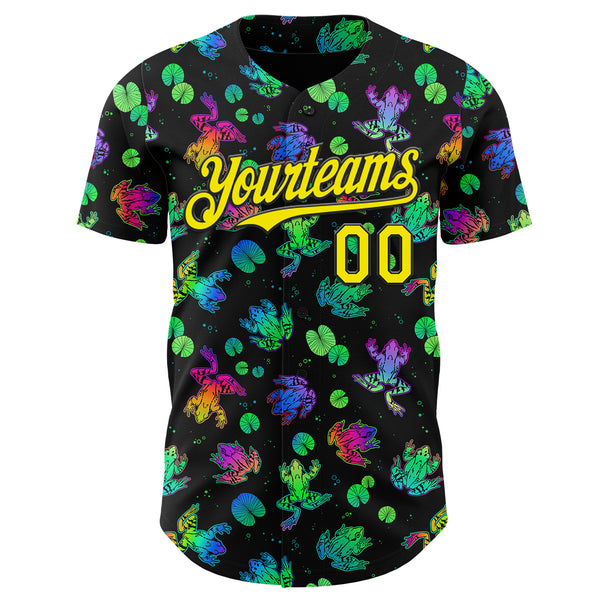 Custom Black-Light Yellow Psychedelic Trippy Frog Authentic Baseball Jersey