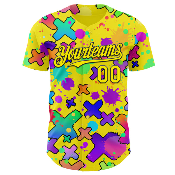 Custom Light Yellow-Black Psychedelic Trippy Graffiti Splatter Authentic Baseball Jersey