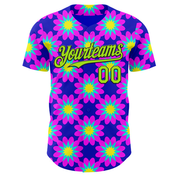 Custom Blue Neon Green-Black Psychedelic Trippy Flower Authentic Baseball Jersey