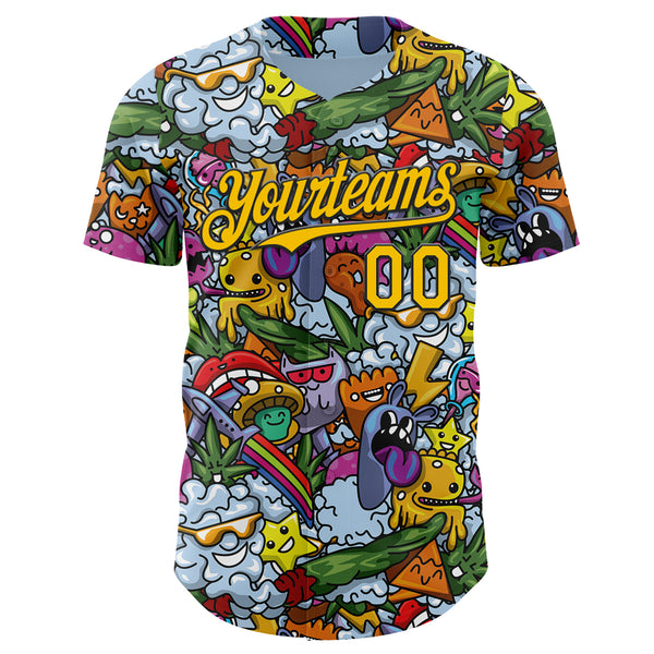 Custom Blue Yellow-Black Psychedelic Trippy Graffiti Cartoon Authentic Baseball Jersey