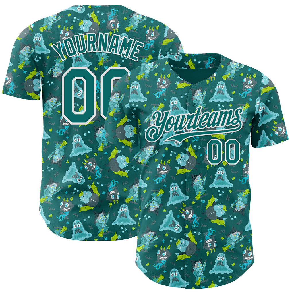 Custom Teal-White Psychedelic Trippy Monster Authentic Baseball Jersey