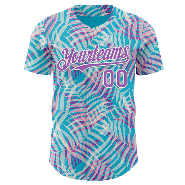 Custom Lakes Blue Medium Purple-White Psychedelic Trippy Tropical Leaves Authentic Baseball Jersey