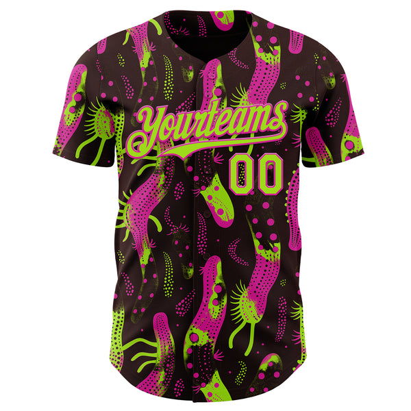 Custom Brown Neon Green-Deep Pink Psychedelic Trippy Sea Life Authentic Baseball Jersey