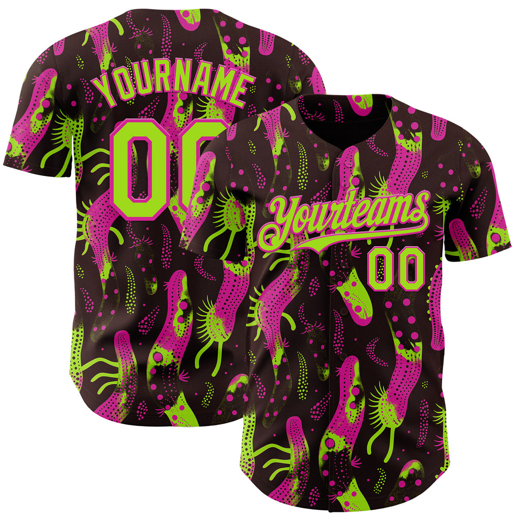 Custom Brown Neon Green-Deep Pink Psychedelic Trippy Sea Life Authentic Baseball Jersey