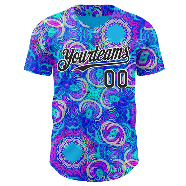 Custom Blue Black-White Psychedelic Trippy Neon Swirl Authentic Baseball Jersey