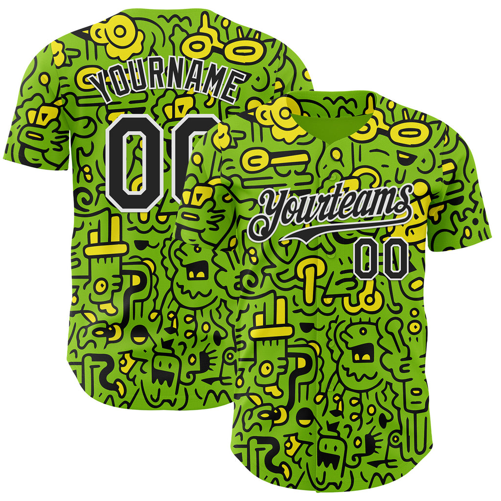 Custom Neon Green Black-White Psychedelic Trippy Neon Monster Authentic Baseball Jersey