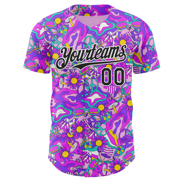Custom Purple Black-White Psychedelic Trippy Mushroom & Floral Authentic Baseball Jersey