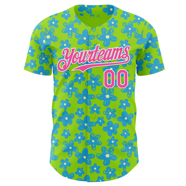 Custom Neon Green Pink-White Psychedelic Trippy Flower Authentic Baseball Jersey