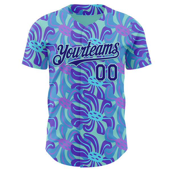 Custom Ice Blue-Dark Purple Psychedelic Trippy Flower Authentic Baseball Jersey