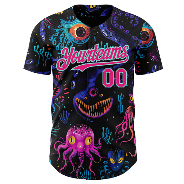 Custom Black Hot Pink-Ice Blue Psychedelic Trippy Sea Life Jellyfish & Octopus Authentic Baseball Jersey
