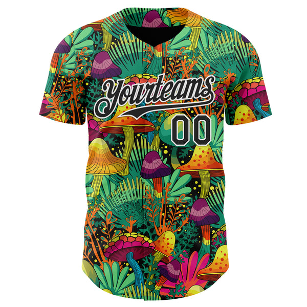 Custom Green Black-White Trippy Trippy Magic Mushroom Authentic Baseball Jersey