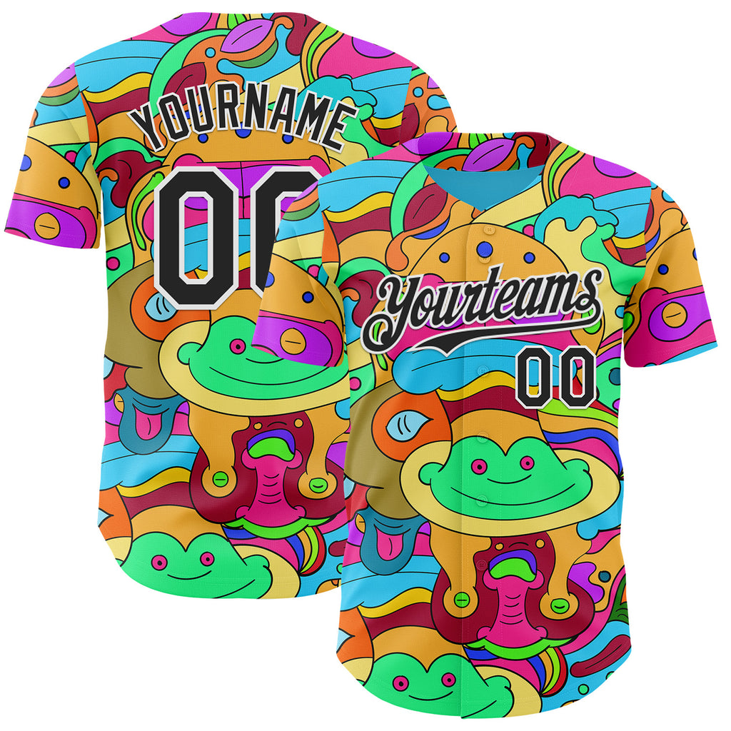 Custom Green Black-White Psychedelic Trippy Doodle Cartoon Authentic Baseball Jersey