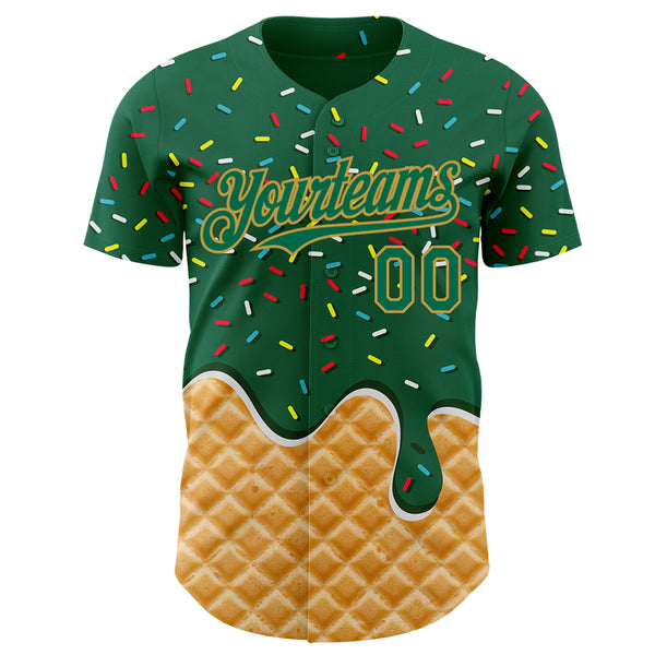 Custom Kelly Green-Old Gold Ice Cream Waffle Foodie Dessert Authentic Baseball Jersey