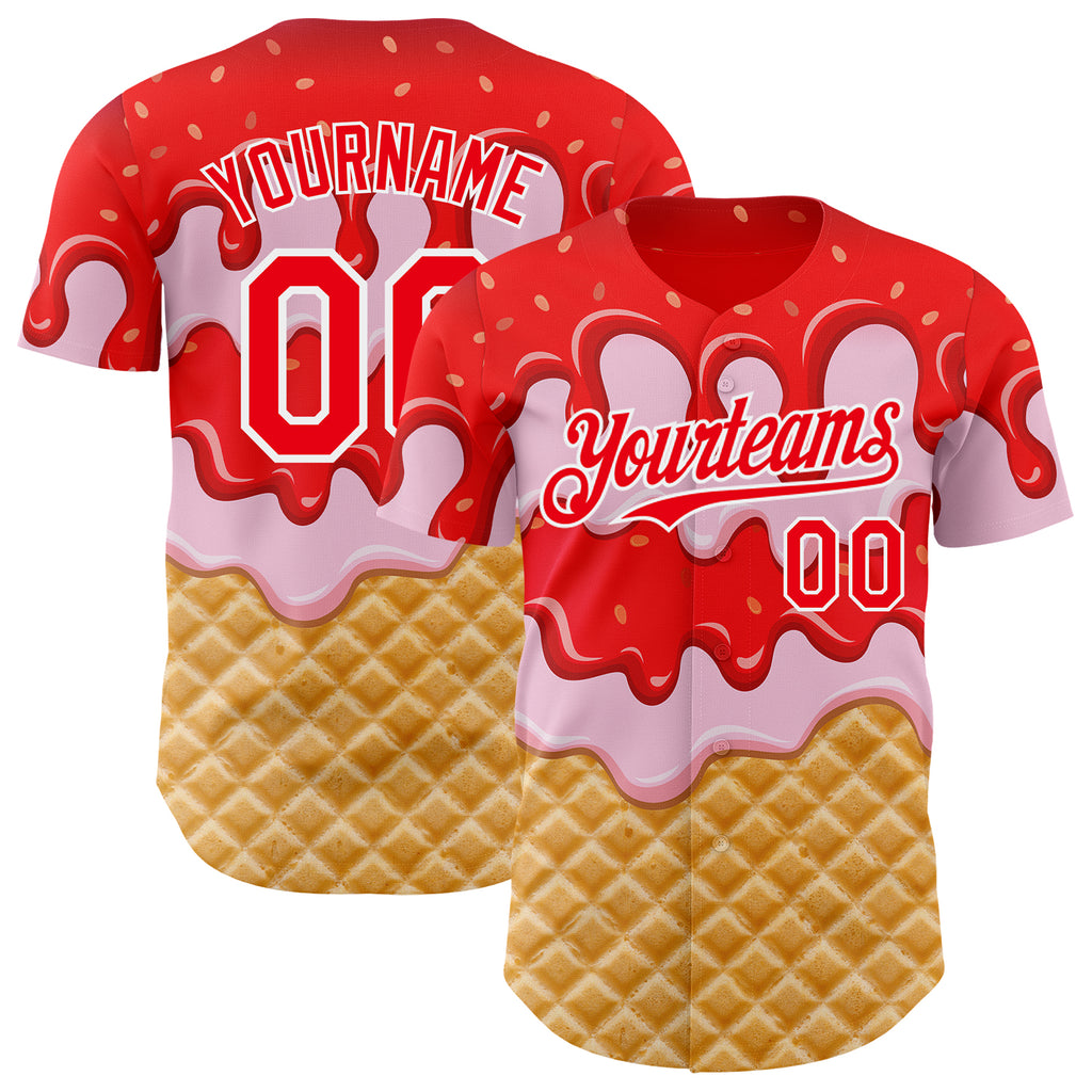 Custom Fire Red-White Ice Cream Waffle Foodie Dessert Authentic Baseball Jersey