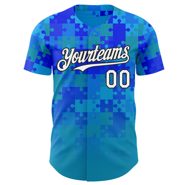 Custom Blue White-Black Puzzle 3D Pattern Design Authentic Baseball Jersey