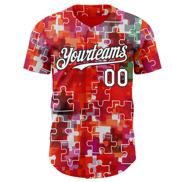 Custom Red White-Black Puzzle 3D Pattern Design Authentic Baseball Jersey