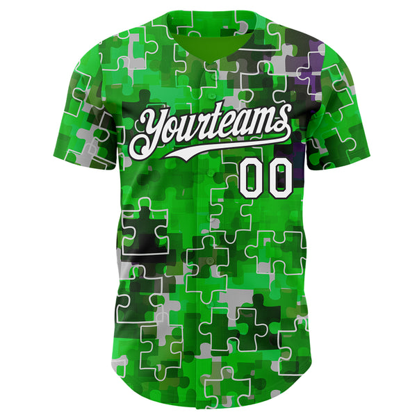 Custom Green White-Black Puzzle 3D Pattern Design Authentic Baseball Jersey
