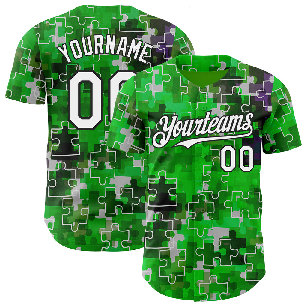 Custom Green White-Black Puzzle 3D Pattern Design Authentic Baseball Jersey
