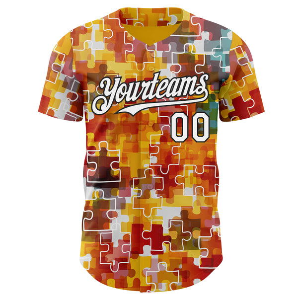 Custom Gold White-Black Puzzle 3D Pattern Design Authentic Baseball Jersey