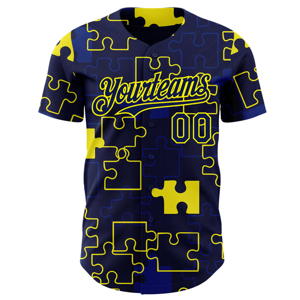 Custom Navy-Light Yellow Puzzle 3D Pattern Design Authentic Baseball Jersey
