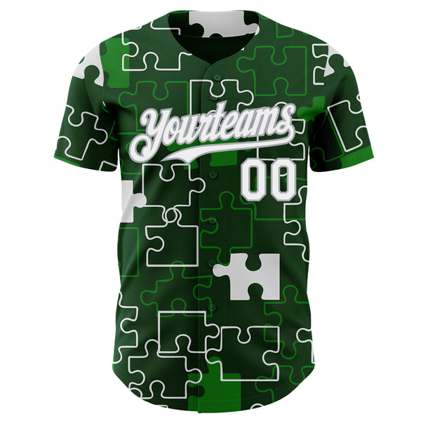 Custom Green White-Gray Puzzle 3D Pattern Design Authentic Baseball Jersey
