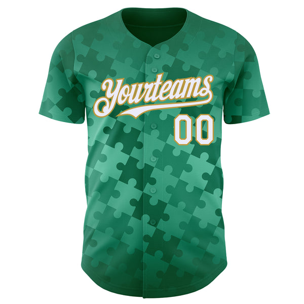 Custom Kelly Green White-Old Gold Puzzle 3D Pattern Design Authentic Baseball Jersey