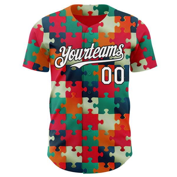Custom Red White-Black Puzzle 3D Pattern Design Authentic Baseball Jersey