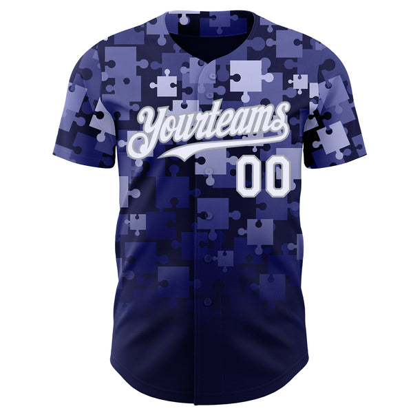 Custom Blue White Navy-Gray Gradient Puzzle 3D Pattern Design Authentic Baseball Jersey