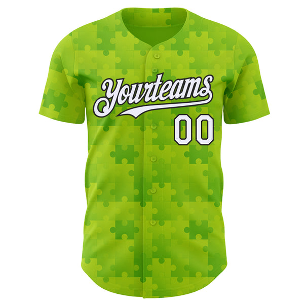 Custom Neon Green White-Black Puzzle 3D Pattern Design Authentic Baseball Jersey