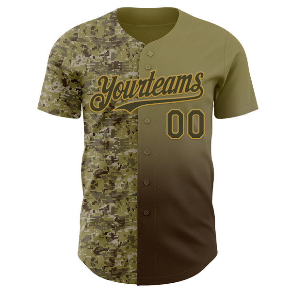 Custom Olive Brown-Old Gold Half Camo Ombre Authentic Baseball Jersey
