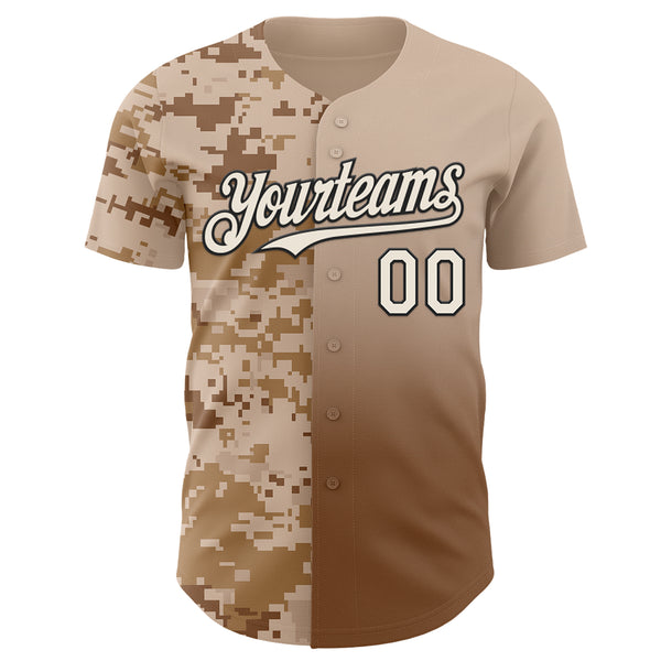 Custom Cream Brown-Black Half Camo Ombre Authentic Baseball Jersey